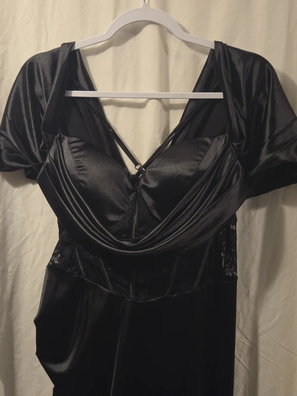 SHEIN Black Satin Draped Chemise with Lace Insets